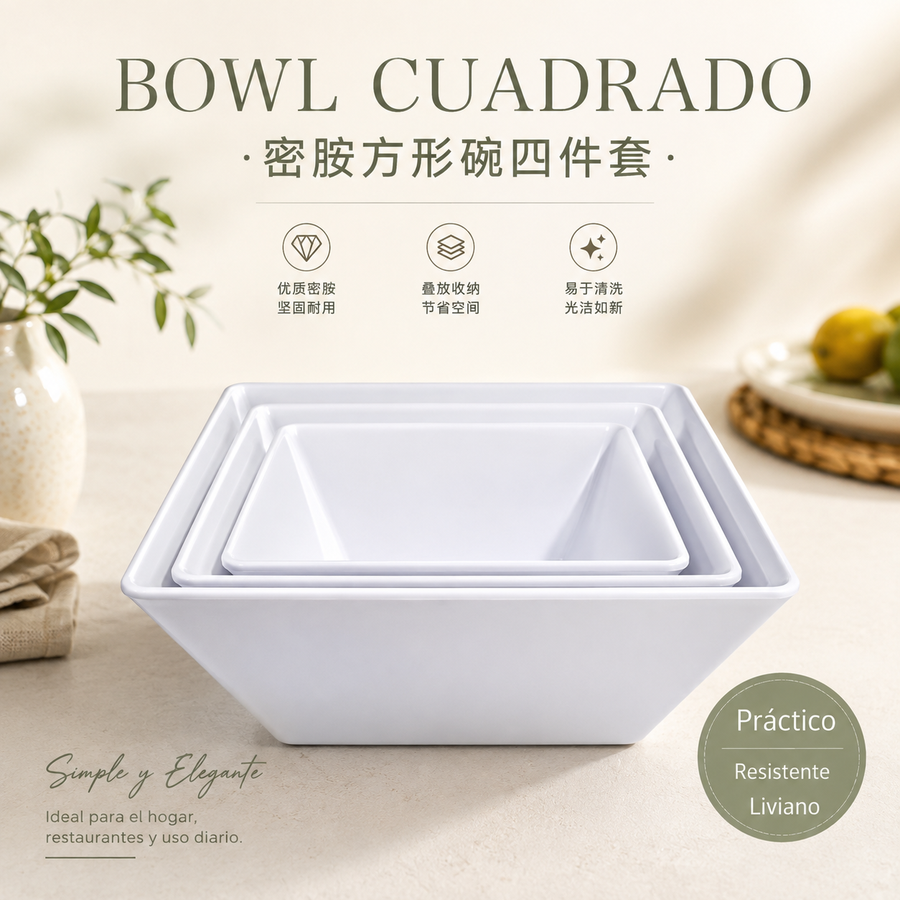 100% MELAMINA BOWL CUADRADO BLANCO